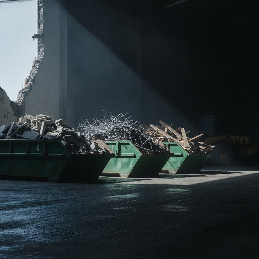 Drei Abrollcontainer nebeneinander auf einem Hof, getrennt befüllt mit Bauschutt, Altmetall und Holz.