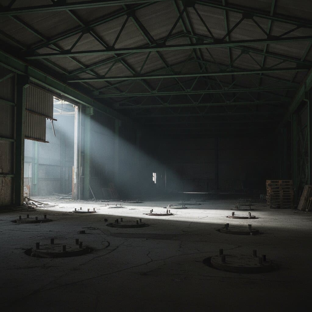 Leere Industriehalle vor dem Rückbau, Stahlbinder unter dem Dach, Maschinenfundamente im Betonboden.