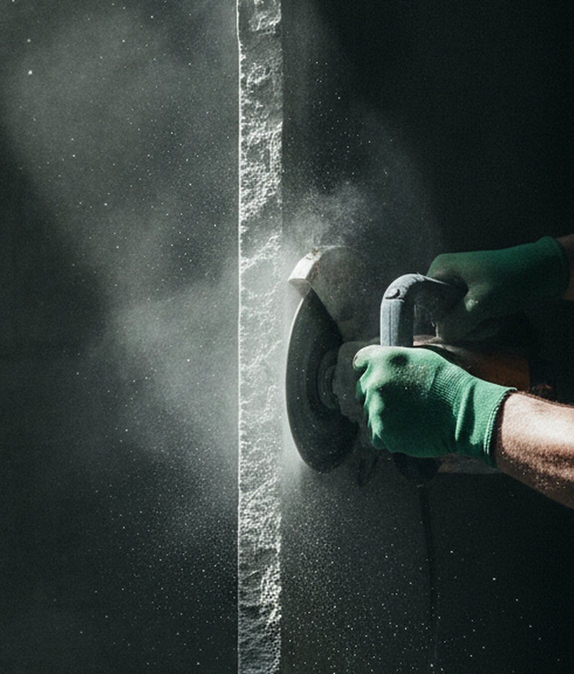 Behandschuhte Hände führen einen Trennschleifer an einer Betonkante, Staub steht im streifenden Licht.
