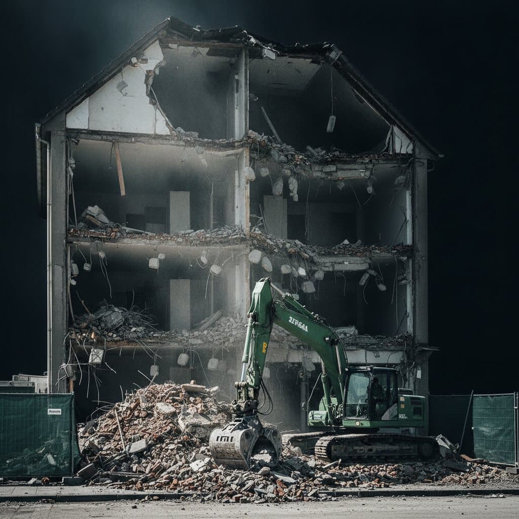 Teilweise abgerissenes Wohnhaus mit offener Giebelwand, davor ein Abbruchbagger mit Sortiergreifer und ein Schuttberg.