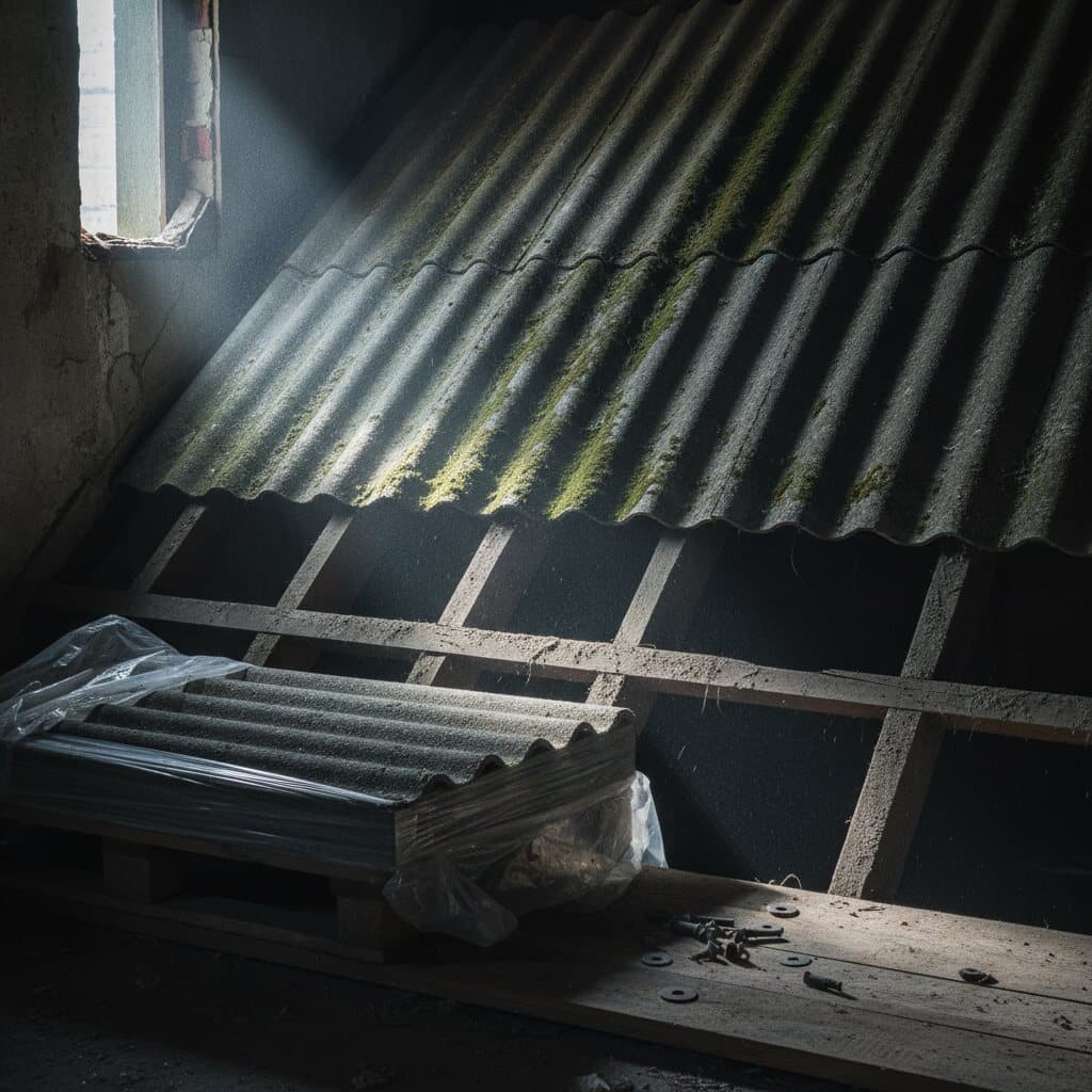 Verwitterte graue Faserzement-Wellplatten auf einem alten Dachstuhl, einzelne Platten liegen bereits in Folie auf einer Palette.