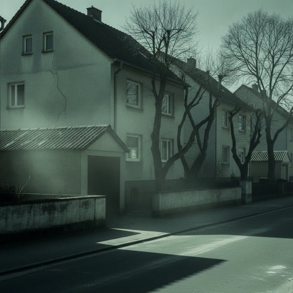 Ruhige Reihe schlichter zweigeschossiger Wohnhäuser am Ortsrand einer Kleinstadt, alte Faserzementdächer auf den Garagen.