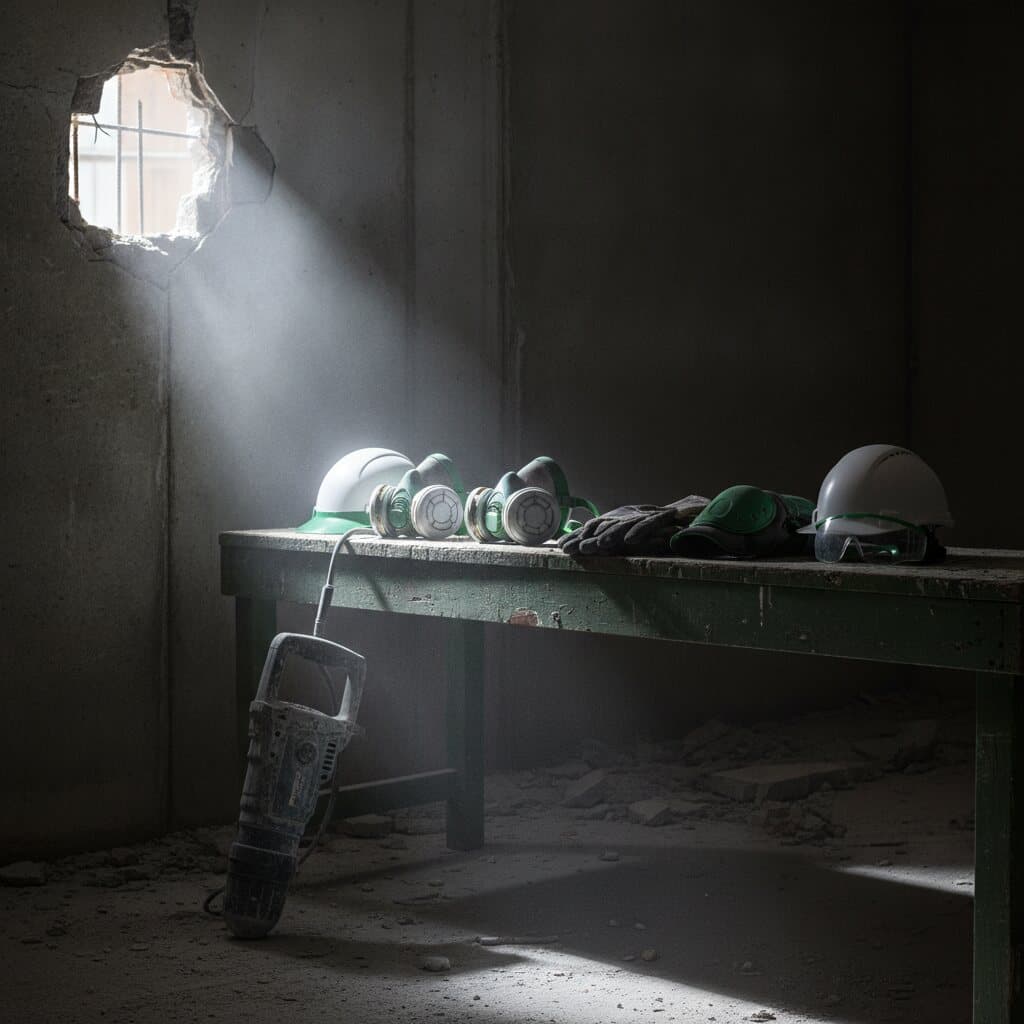 Werkbank mit aufgereihter Schutzausrüstung: P3-Halbmasken, Schutzhelm, Handschuhe, Knieschoner und ein staubbedeckter Abbruchhammer.